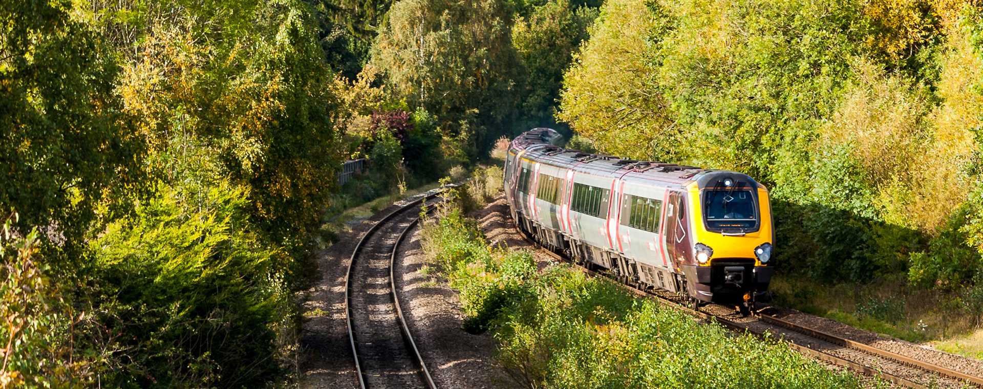 Aerial view of a train passing through lush green countryside.